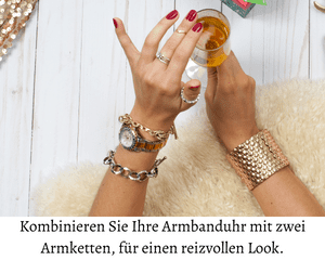Goldschmuckdesign - Kombinieren Sie Ihre Armbanduhr mit zwei Armketten, für einen reizvollen Look.