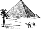 Pyramiden hinter Reitern auf Kamelen.